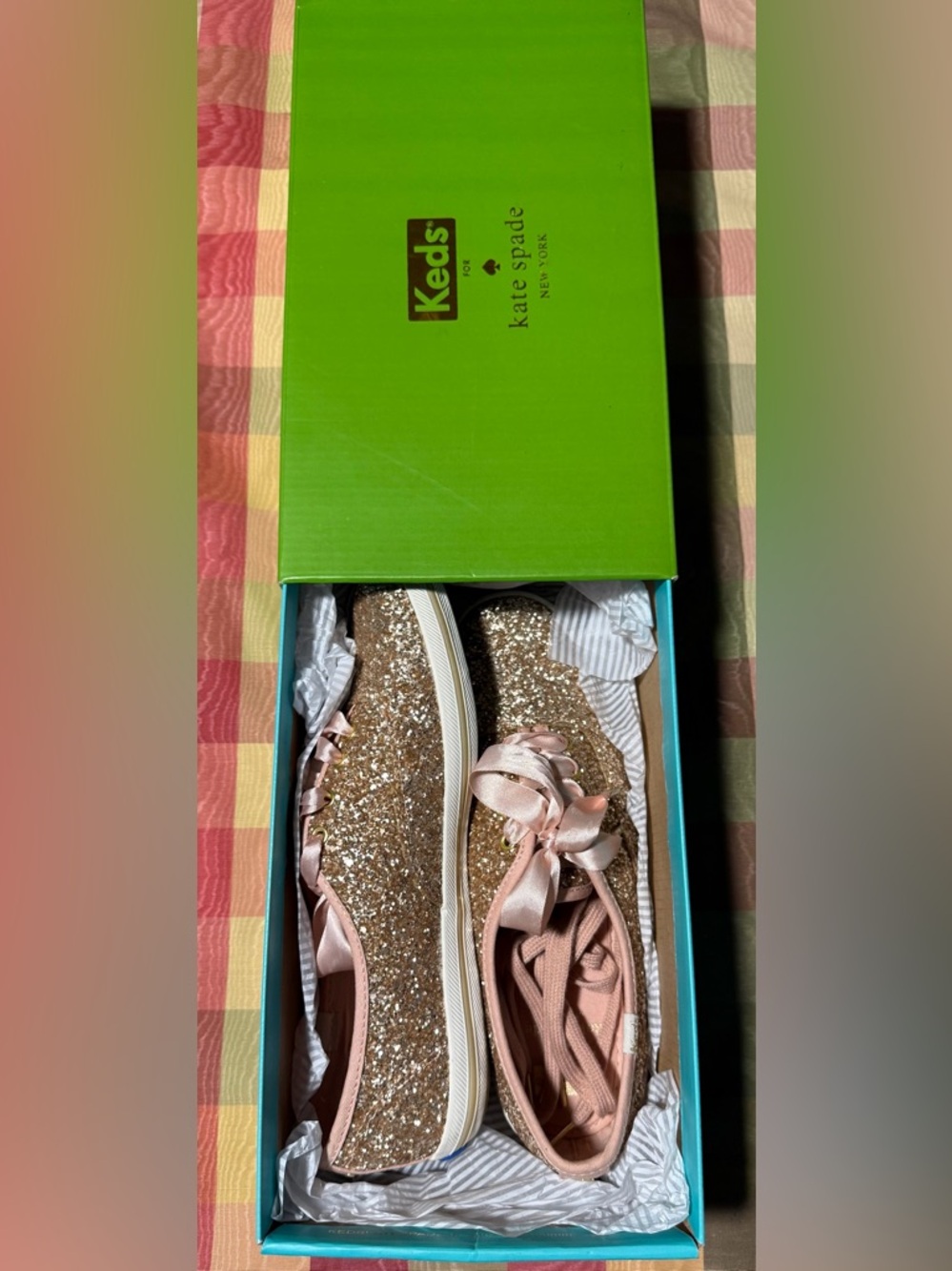 kate spade Gold Glitter Sneakers with Pink Satin Ribbon Laces - Picture 1 of 10
